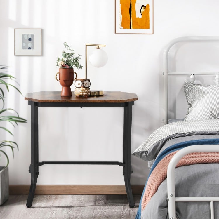 Narrow end side table with rustic brown tabletop and heavy-duty steel frame, perfect for living room or bedroom use.